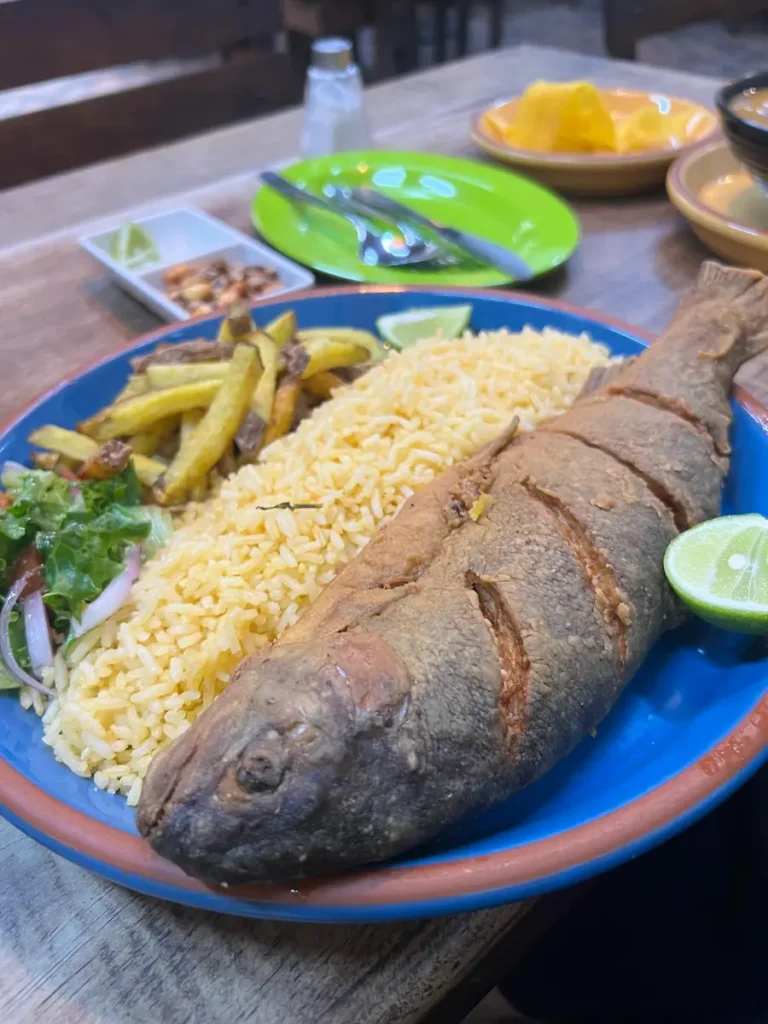 Whole fried fish with yellow rice, patacones and salad at a local restaurant in Olon Ecuador