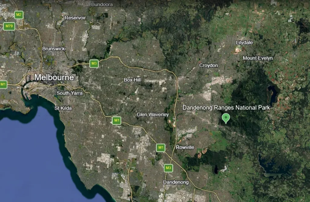 Map showing where the Dandenong Ranges are compared to Melbourne