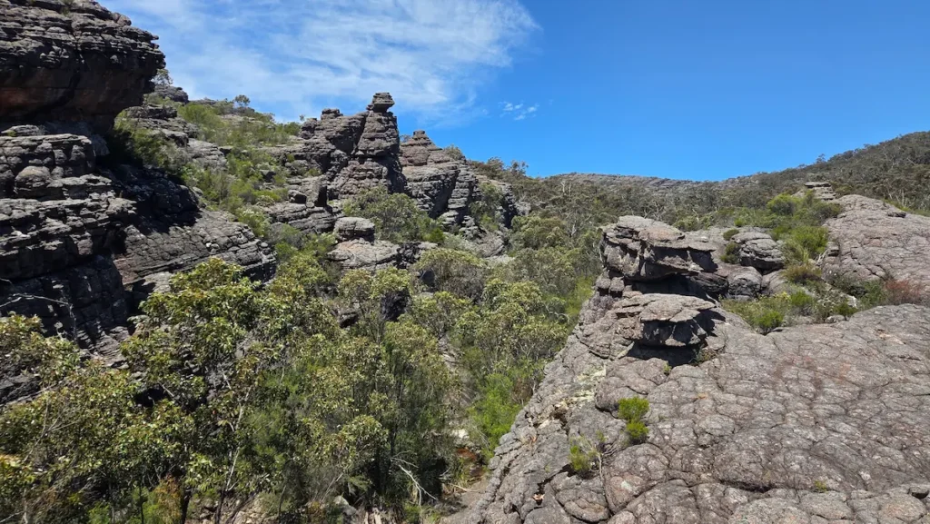 Views of the sandstone rock formations along the Wonderland Walk in the Grampians