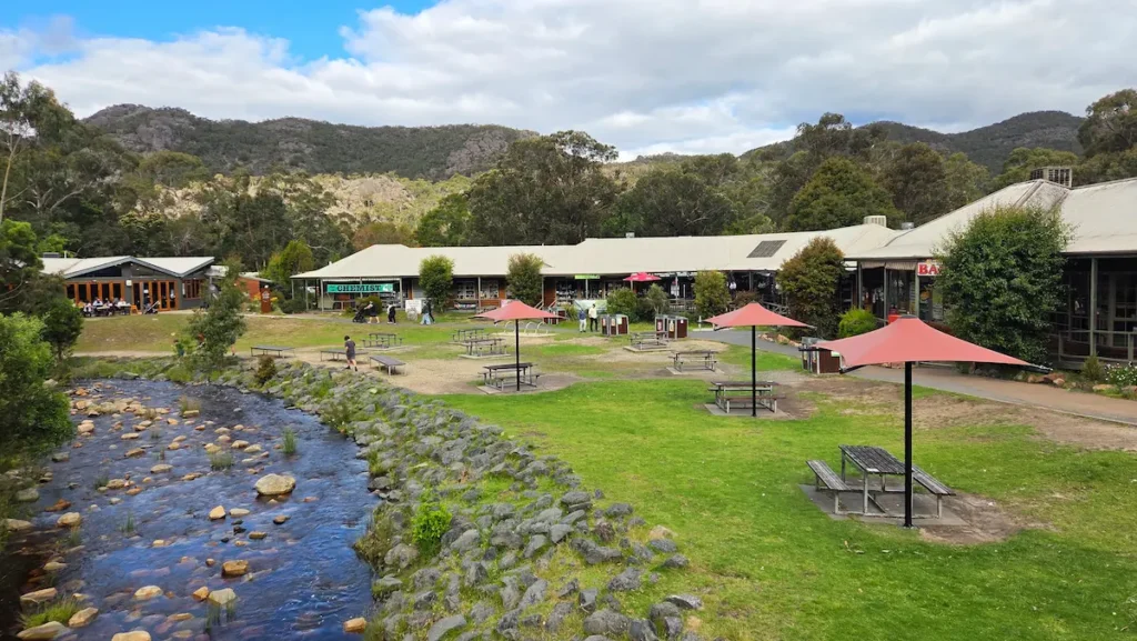 View of Halls Gap shops and river in the Grampians, VIC