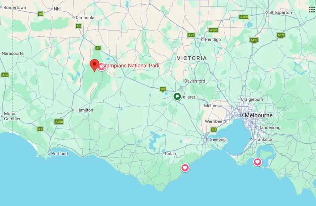 Map showing where the Grampians National Park is in relation to Melbourne